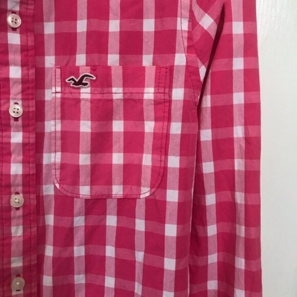 Hollister NEW Cotton Gingham Check Button Shirt Top Blouse Pink Long Sleeves S - Picture 10 of 14